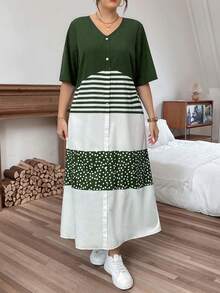 Breezaya Rochie de vară casual cu imprimeu floral și guler în V pentru femei, mărime plus, cu imprimeu floral - Verde Armată - Vizualizare 4