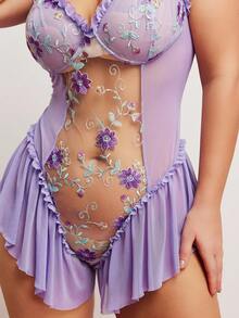 PetitDoll Lencería romántica de campo para talla grande con cintura ceñida, volantes, bordados florales y parches de malla de lavanda - Morado - Ver 6