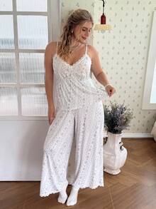 CottageSlumber Plus Size Women Romantic Floral Contrast Lace Trim Wide Leg Pajama Set - Multicolor - View 8