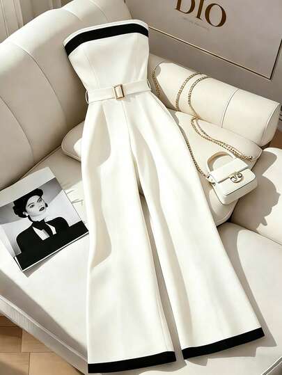 GlowEve CURVE Plus Size Strapless Waist Belt Straight Jumpsuit