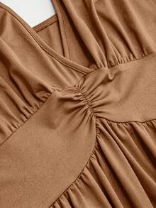 Rometta Plus Size Black V-Neck Waist Pleated Knit Dress - Khaki - View 5