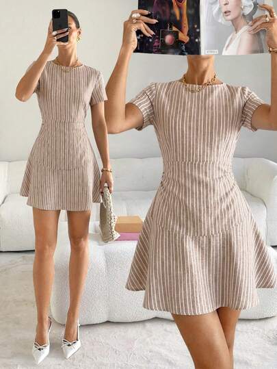 Siren Gaze Chic Luxury White Striped Dress, Elegant French Summmer Flare Hem Mini Dress For Women, Slim Fit Short Sleeve Outfits, Fashionable Retro Stripe Party Tea Party Dress, Casual Office Siren Workwear