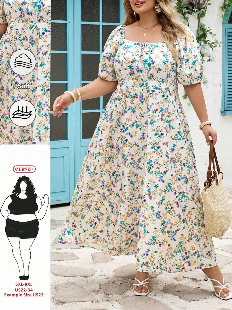 SHEIN CURVE+ Curve Size US22Music Festival, Seaside Vacation, BohemiaCURVE PLUS / / Women's Purple Lilac Short Sleeve Casual Drawstring Waist Elegant Dress, Suitable For Wedding Guests, Spring/Summer Wear. This Purple Dress Is Elegant And Charming, Suitable For Daily, Outing, Date, Afternoon Tea, Vacation And Other Occasions. Romantic Sweet Dress For - Apricot - View 1
