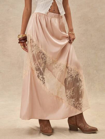 Easelle Apricot Satin Contrast Lace Elegant A-Line Skirt For Women Festival Outfits For Women Summer Party  Wedding