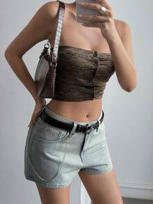 Livesso Quần short denim đính đá lấp lánh phong cách Y2K dành cho nữ, thích hợp mặc hàng ngày đi làm, không kèm thắt lưng. - Rửa nhẹ - Xem 8