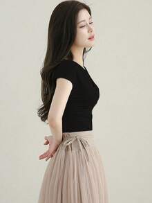 DAZY Women Fashion Solid Color Slim Short Sleeve T-Shirt - Black - View 4