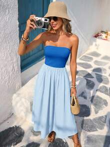 Vivid Eden Women's Casual Elegant Romantic Daily Vacation Colorblock Dress, Strapless Dress, Women's Blue Dress & Green Dress, Spring/Summer,Dresses For Women Summer - Blue - View 4