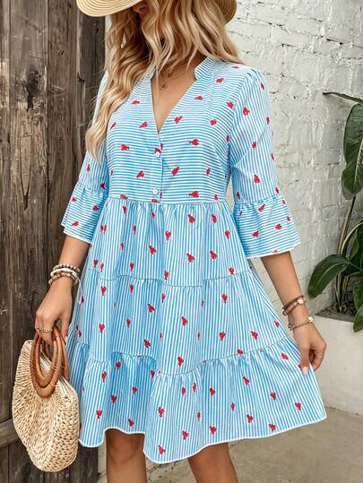 Lacomfia Vestido de mujer talla grande con estampado de rayas de langosta, cuello con muesca, volantes en los puños y bajo escalonado, para primavera/verano y vacaciones en la playa