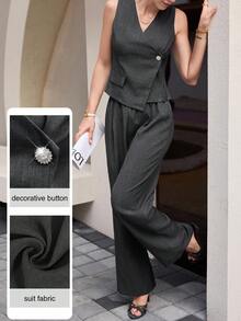 Mulvari Women's Elegant Commuter Elegant Fitted V-Neck Vest And Straight Leg Pants 2 Pieces Set Corporate Office Charcoal Gray Summer - Dark Grey - View 3