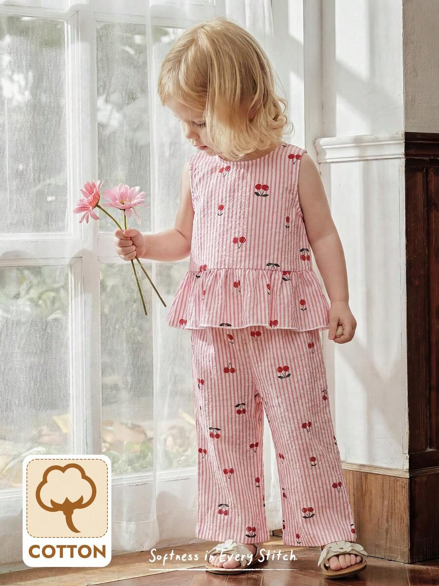 Cozy Pixies Bộ đồ 2 món cho bé gái: Áo không tay cổ tròn in hoa và quần cạp chun. - Hồng - Xem 1