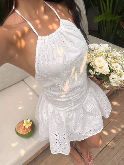 Sunnyshic Women's White Embroidered Lace Halter Mini Dress, Beach Outfit, Sexy & Fashionable Beach Resort Style, Spring/Summer