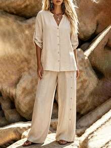 Linhara CURVE Conjunto de 2 piezas de camisa y pantalones de encaje y parches en talla grande para vacaciones - Caqui - Ver 1
