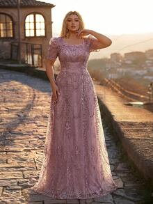 Glamrae Plus Size Dusty Pink Summer Elegant Formal Bridesmaid Prom Wedding Dress, Square Neck Short Sleeve Rhinestone & Pearl Decor A-Line Gala Dress - Dusty Pink - View 6