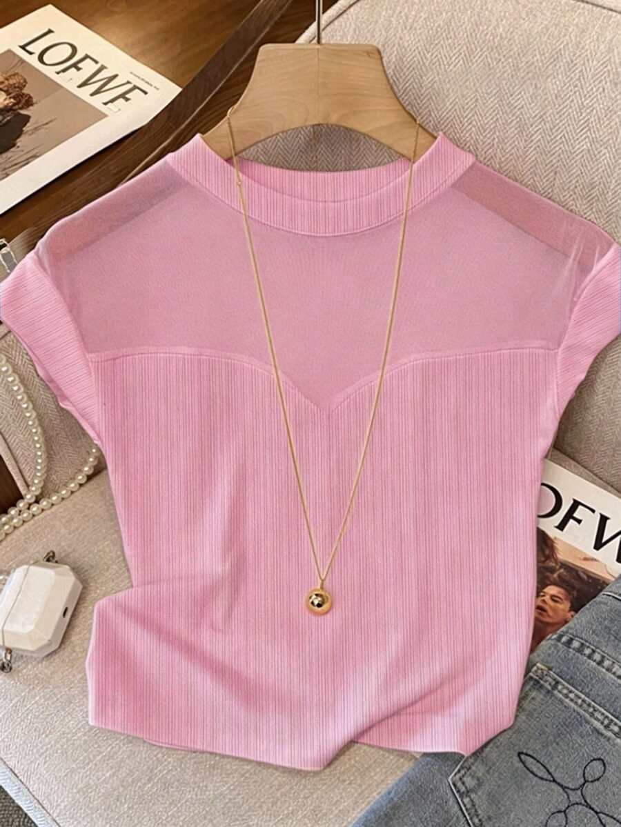 Franclia Summer New Arrival Niche Round Neck Short Sleeve Casual Minimalist Fitted Mesh Splice T-Shirt - Baby Pink - View 1