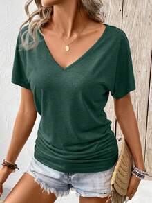 SHEIN Frenchy Ladies Simple Solid Color Pleated Daily/Holiday T-Shirt V Neck Topsv Neck T Shirtdark Top,Summer Top - Dark Green - View 5