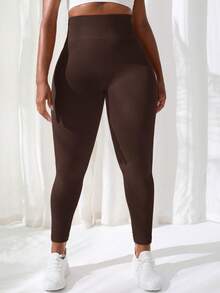 SHEIN Rhythm Era Pantalones deportivos sin costuras a rayas de talla grande - Café integral - View 3