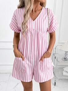 SHEIN Clasi Women's Striped Print V-Neck Short Sleeve Jumpsuit - Pink - View 4