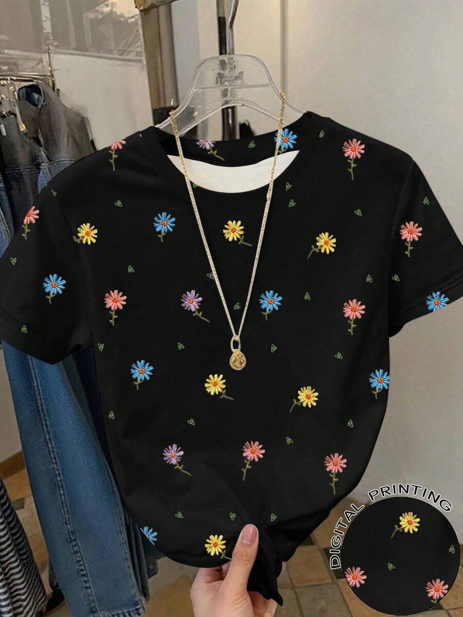 少女休闲时尚夏季清新雏菊碎花短袖圆领T恤黑色上衣,适合日常穿着和外出,夏季 - 彩色 - 查看 1