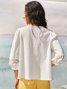 SoleilVie Áo kiểu dáng rộng rãi, màu mơ, chất liệu cotton pha, viền ren phong cách Bohemian, cổ chữ V, tay phồng, thích hợp cho mùa hè. Phù hợp cho nữ. - trắng - Xem 2
