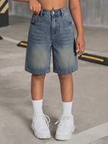 SHEIN Tween Girl Y2K Fashionable Stonewashed High Waist Flap Pocket Baggy Denim Shorts, Back To School Summer - Dark Wash - View 4