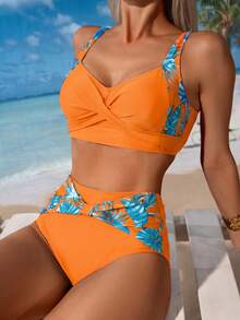 Swim Lushoire 女士夏季度假沙滩树叶印花拼接比基尼套装 - 橘色 - 查看 1