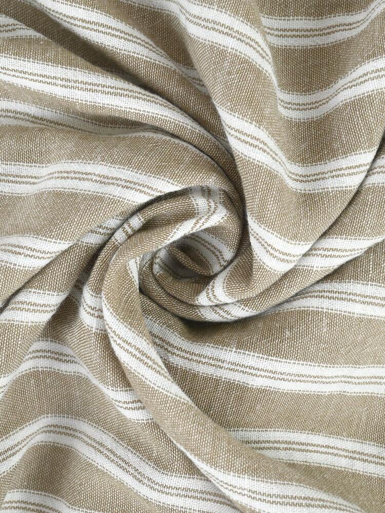 SHEIN LUNE CURVE Plus Size Asymmetrical Hem Striped Linen-Like Fabric Casual Vacation Long Shirt For Women Fall - Apricot - View 6