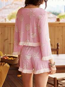 Lullawish Bohemian Ocean Pattern Crew Neck Knit Pajama Set For Women - Multicolor - View 2