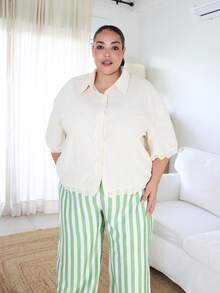 Pretty and Ole 大码休闲蕾丝拼布长袖开衫衬衫 - 杏色 - 查看 1