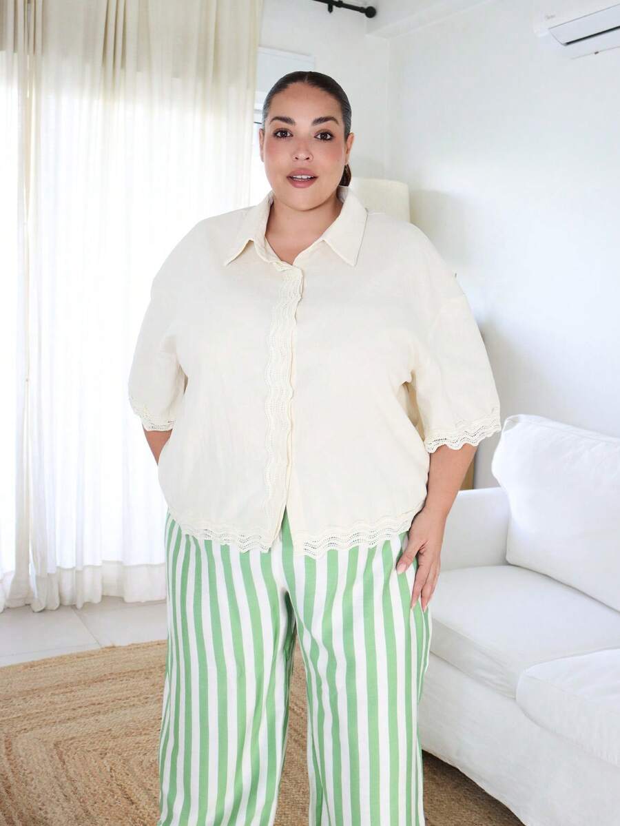 Pretty and Ole 大码休闲蕾丝拼布长袖开衫衬衫 - 杏色 - 查看 1