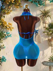 Amplova Bộ đồ bơi 3 món dành cho nữ với họa tiết sao biển và vỏ sò trên áo bikini, áo khoác ngoài cổ khăn choàng bằng lưới, gợi cảm và phá cách, phù hợp cho kỳ nghỉ, lễ hội âm nhạc, bộ sưu tập mới mùa xuân/hè. - Màu xanh lam - Xem 7