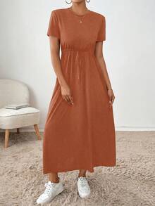 SHEIN Essnce Đầm nữ cổ tròn tay ngắn màu trơn thắt eo kiểu dáng thường ngày - màu nâu - Xem 5