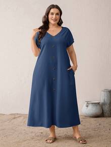 SHEIN Essnce Plus-Size Women's Dark Blue,Summer,Boho,Vacation,Holiday Casual Loose V-Neck Long Dress With Pockets,Everyday Versatile Simple Style Outfits - Navy Blue - View 1