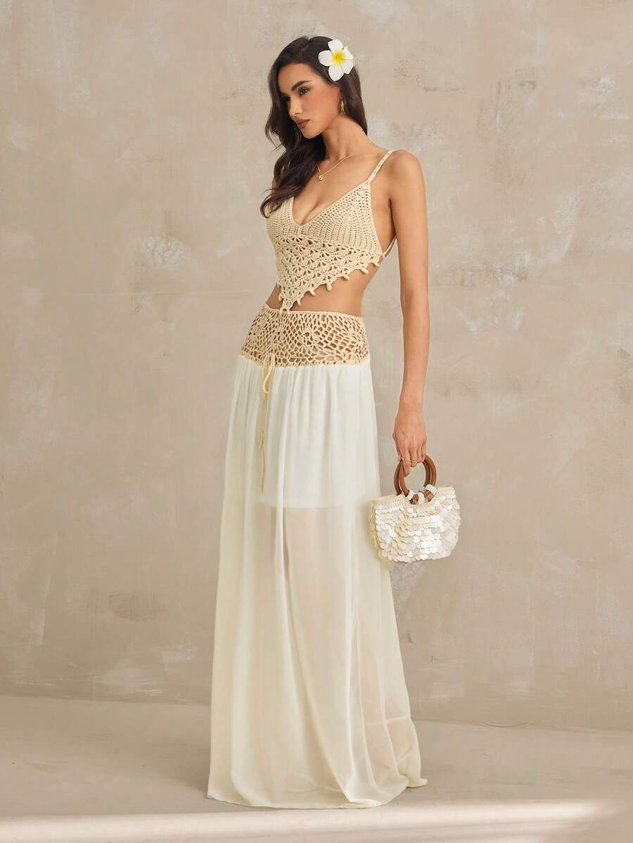 SHEIN Tall 女士夏季度假波西米亚风露背钩针上衣和半裙套装 - 白色 - 查看 1