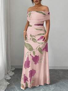 Modelyn Plus Size Women Mesh Printed Off-Shoulder Ruffle Formal Dress - Pink - View 5
