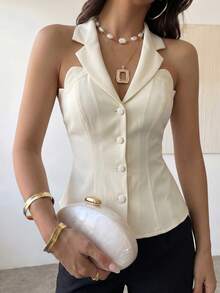 Mulvari Áo blazer nữ màu mơ dệt kim không tay, cổ yếm, eo xếp ly, dáng chữ A, cài cúc, thanh lịch, lãng mạn, thích hợp cho mùa xuân/hè. - Màu be - Xem 9