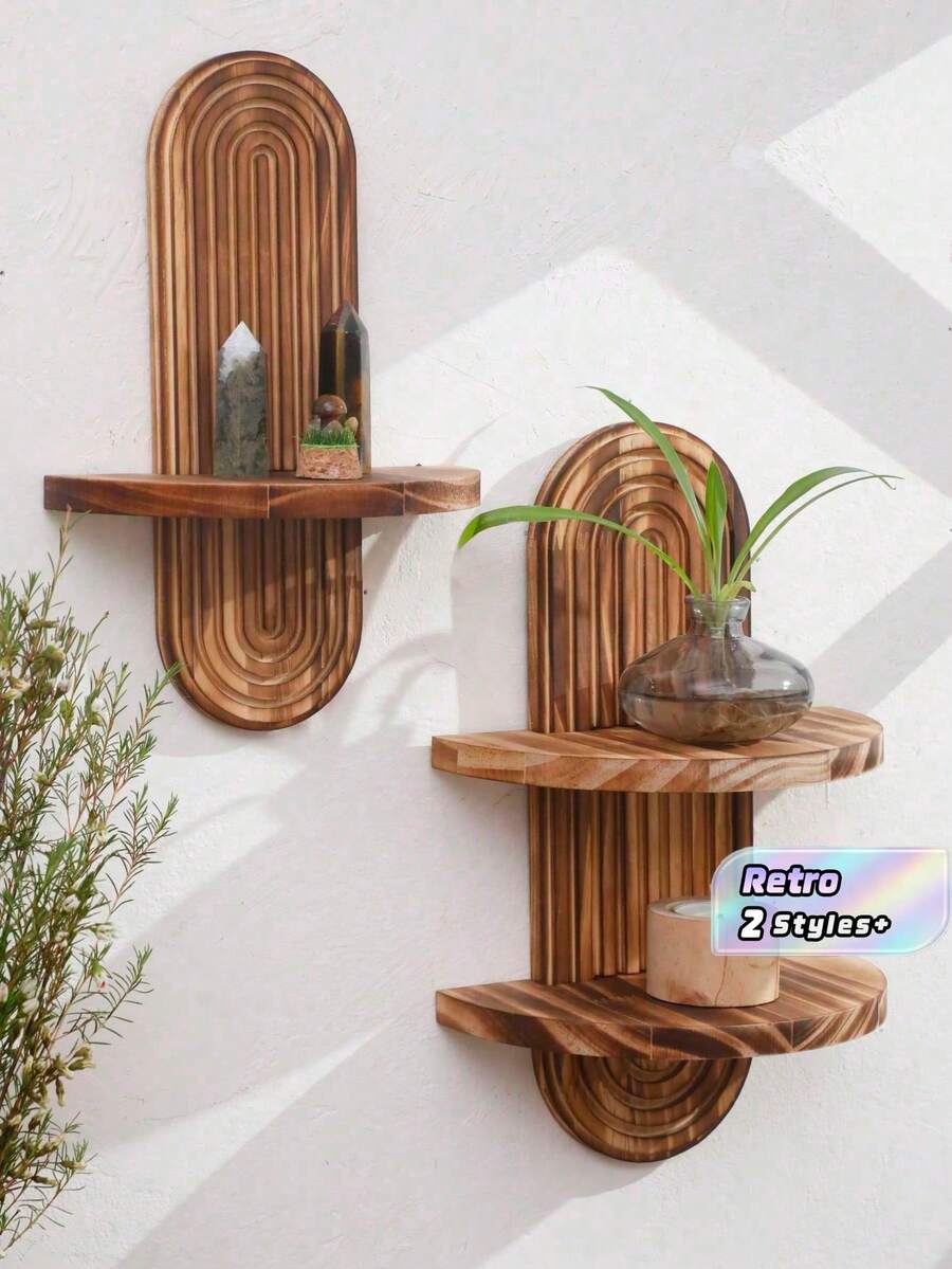 SHEIN 1 pieza Estantería de pared de madera con diseño de láminas verticales, estantes decorativos de diseño moderno para sala de estar y dormitorio, estantes de almacenamiento para exhibir artículos decorativos - Multicolor - Ver 1