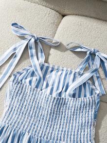 GlowEve Women's Summer Vacation Floral Patchwork Striped Bow Tie Spaghetti Strap Mid-Length Dress - Blue and White - View 3