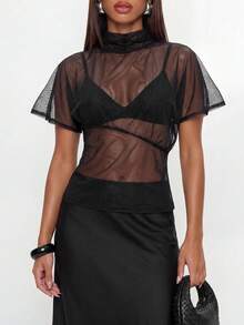 Avantive Summer Festival Party Gym Prom Graduation Prom Casual Country Y2k Women's Black Sheer Seksi Chic Short Sleeve Top Night Out - Black - View 3