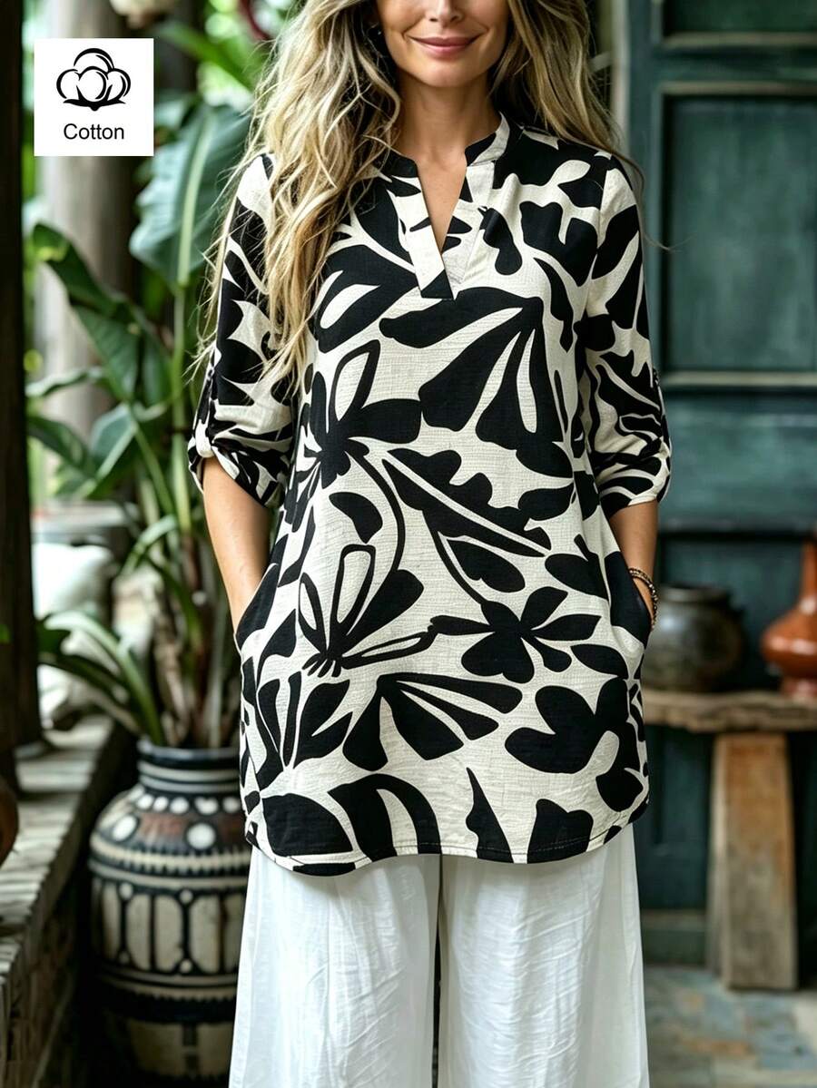 EMERY ROSE Women's Fashionable Elegant Printed V-Neck Blouse - Pullover Shirt - Minimalist Office Commute Style - Daily Wear - Date - Black and White - View 1