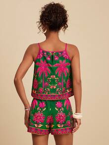 Travachic Conjunto de 2 piezas de chaleco y shorts de gasa con estampado para mujer, ideal para vacaciones de primavera/verano - Multicolor - Ver 2