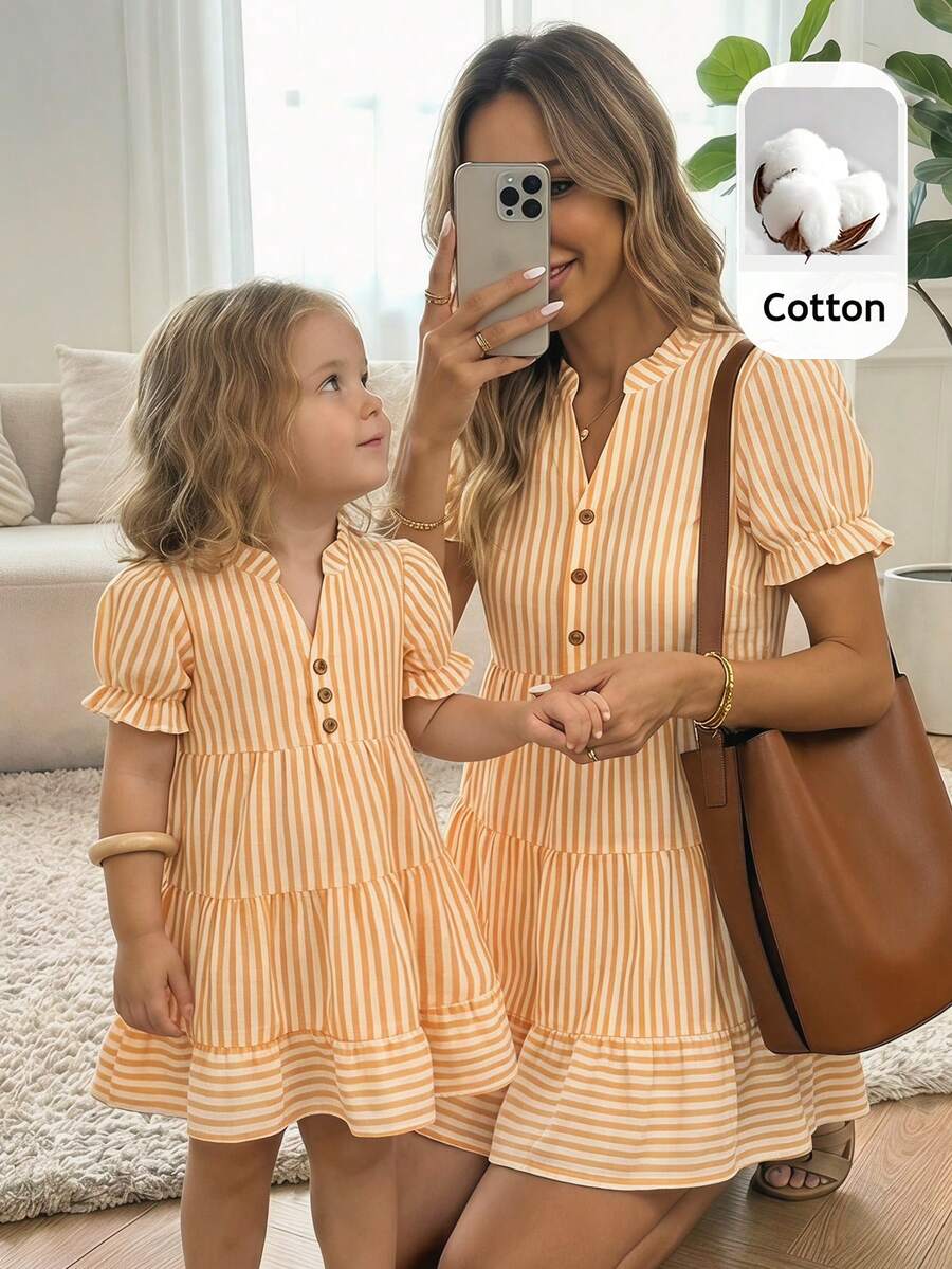 SHEIN Vestido de manga corta a rayas a juego para madre e hija para vacaciones de verano - Multicolor - Ver 1