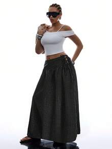 SHEIN EZwear 女款休閒極簡黑色格紋側綁帶長裙/長裙/格紋裙/格子裙/黑色裙 - 黑色 - 查看 6