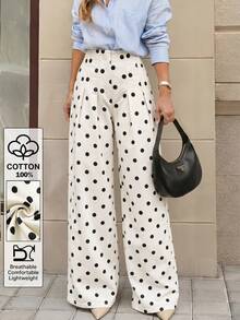 Selenza Women's Polka Dot Pattern Pleated Wide Leg Loose Denim Pants - Beige - View 5