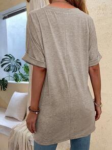 EMERY ROSE Plus Size Women Solid Color Batwing Sleeve Knit T-Shirt Holiday Pastel Summer Smart Casual - Apricot - View 2