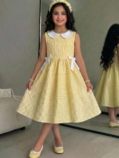 SHEIN Tween Girl Sweet Fashion Mid-Length High Waist Fitted Princess Style Bow Tie Dress; Sweet Ruffle Collar, High Waist Design, Fluffy Dress; Fashionable Versatile Sleeveless Princess Dress. Children's Jacquard Dress, Girls' Formal Yellow Dress, Girls' Yellow Floral Dress, Girls' Lemon Yellow Dress