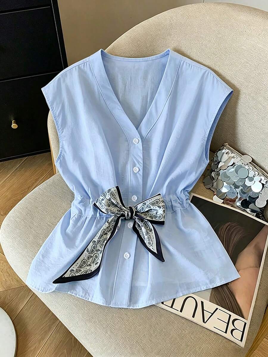 Franclia Linen Sleeveless Shirt For Women,Light Blue,Summer,Elegant,Office,V-Neck,Gold Button,Waist Cinched,Cashew Flower Scarf Decor,,Short Linen Top - Baby Blue - View 1