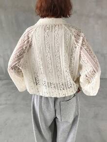 FRIFUL Women's Lace Lantern Sleeve Open Front Loose Jacket - Apricot - View 5