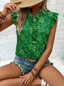 EMERY ROSE Casual Vacation & Daily Wear Ruffle Sleeve Bow Tie Printed Apricot Blouse For Women - Olive Green - View 4