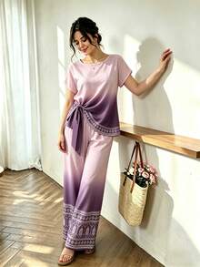 Lacomfia 两件套花卉几何图案印花女装，包括紫色渐变圆领短袖褶皱下摆上衣和直筒裤，休闲夏季套装 - 彩色 - 查看 6