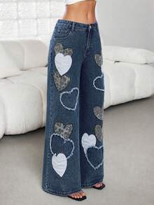Rivivi Jeans in Große Größen für Frauen mit Herz- und Leoparden-Muster, locker geschnitten und gerade geschnitten - Graublau - Übersicht 5